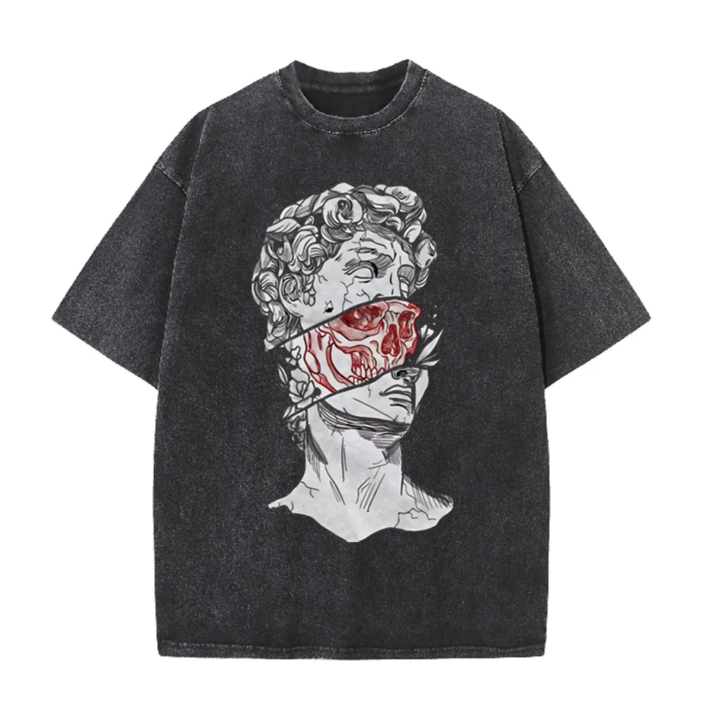 Acid Wash Vintage Graphic T Shirt - T-shirt unisexe délavé noir avec motif
