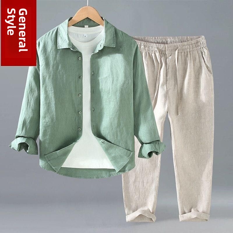 Mens Linen Shirt Long Sleeve - Ensemble chemise et pantalon en coton