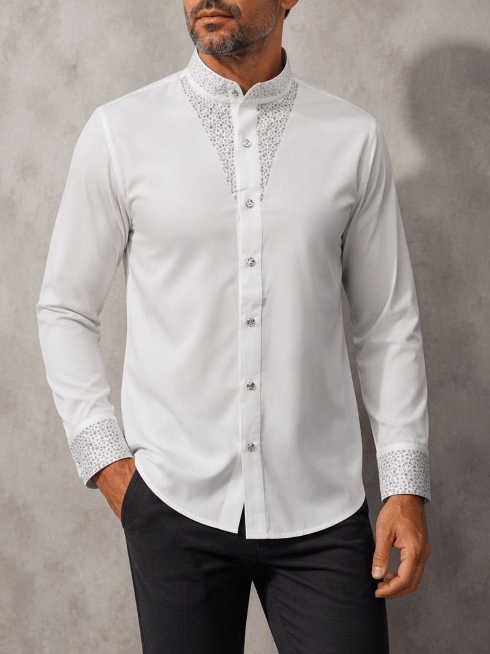 Mandarin Collar Formal Shirt Slim Fit - Chemise habillée décontractée pour homme, chemise