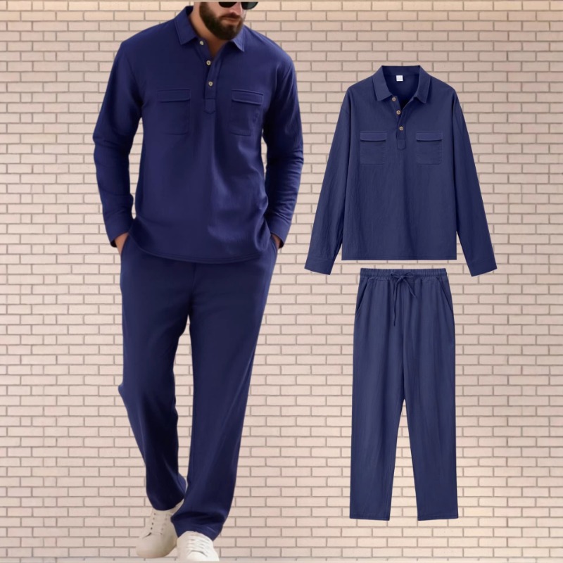 Mens Linen Shirt Long Sleeve - Ensemble deux pièces en lin mélangé