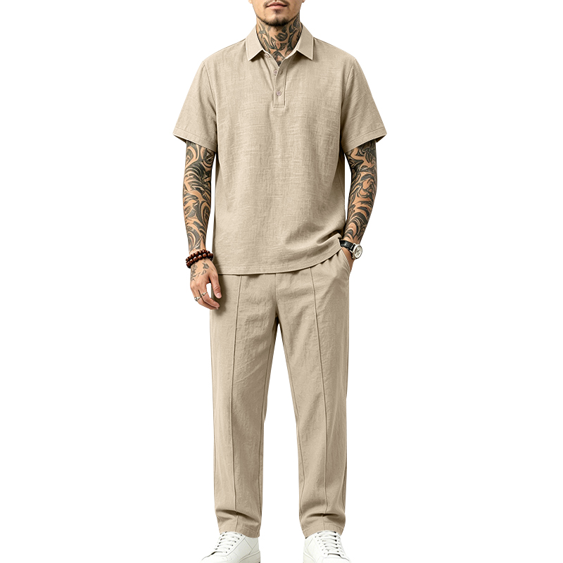 Mens Linen Shirt Long Sleeve - Ensemble polo 2 pièces pour homme,