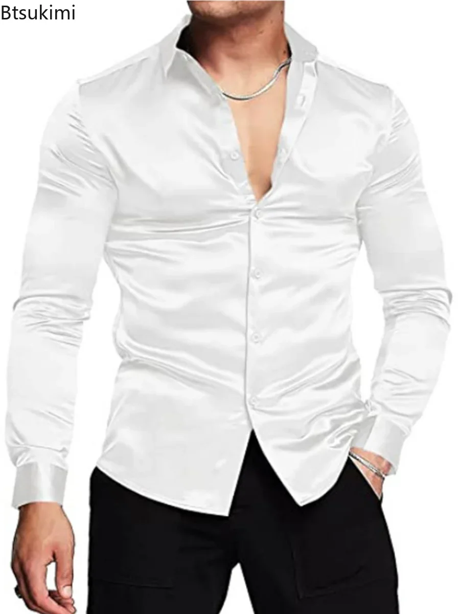 Mens Satin Silk Dress Shirt - Nouveau 2026 hommes luxueux brillant soie