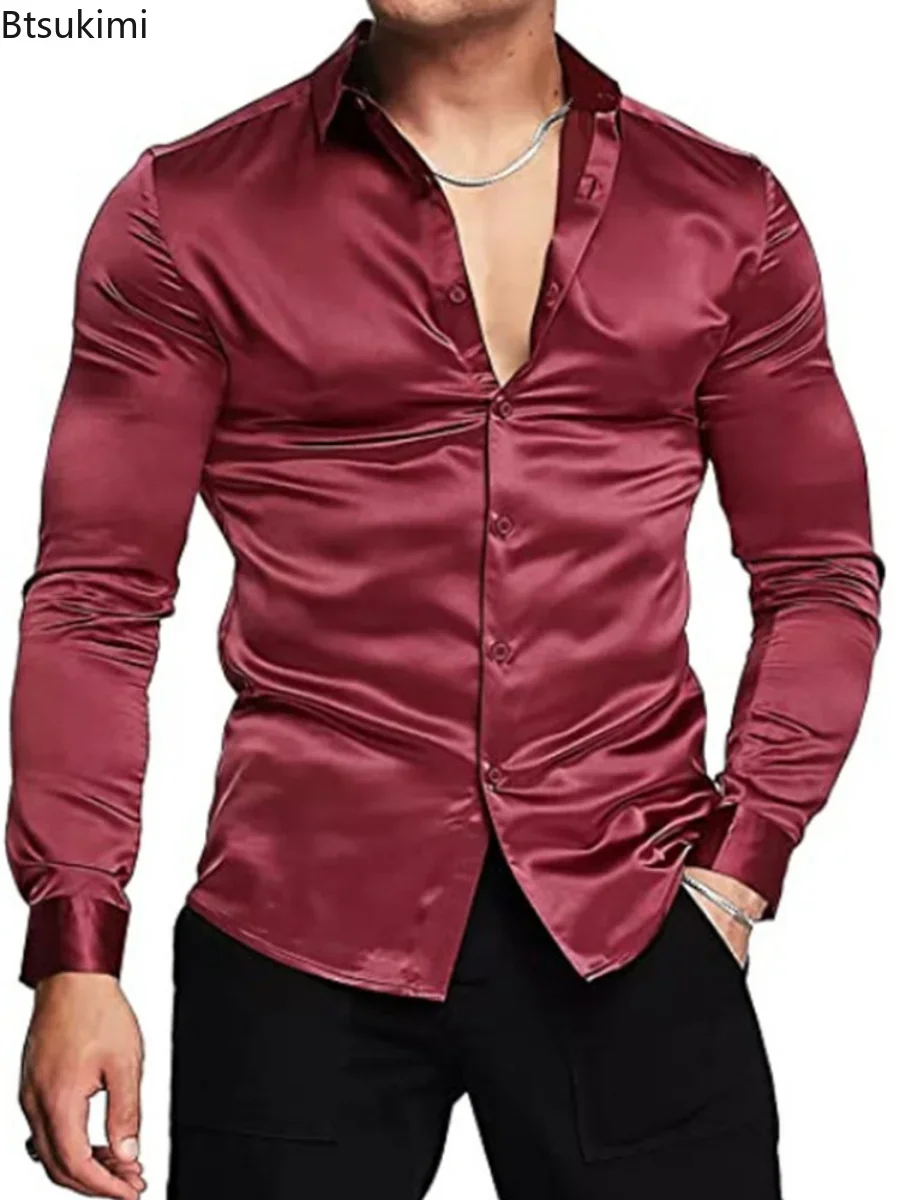 Nouveau 2026 hommes luxueux br - Mens Satin Silk Dress Shirt avis et prix