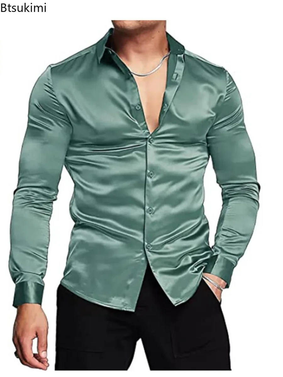 Nouveau 2026 hommes luxueux br - Mens Satin Silk Dress Shirt avis et prix
